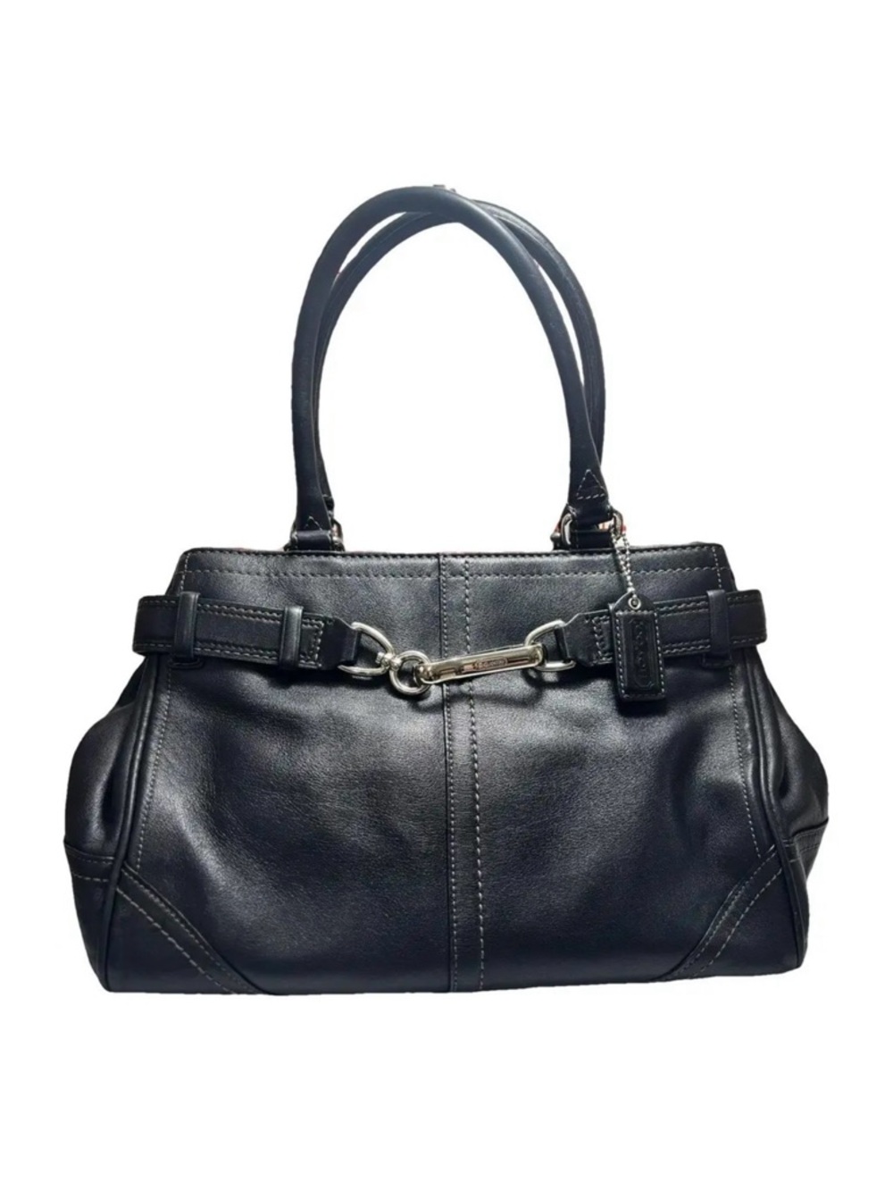 Coach Hampton Smooth Black Leather Satchel Handbag with Silver Hardware
